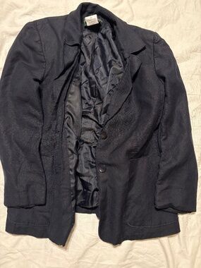 Vintage Harvé Benard Petite Navy Blue 2-Button Blazer Size 10P Linen Blend